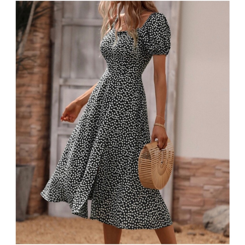 Red Boho Floral Print Puff Sleeve Slit Midi Dress - Picture 16 of 16